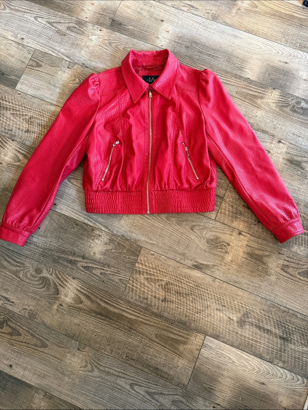 Red Zip-Front Women's Faux Leather Jacket with Elastic Hem